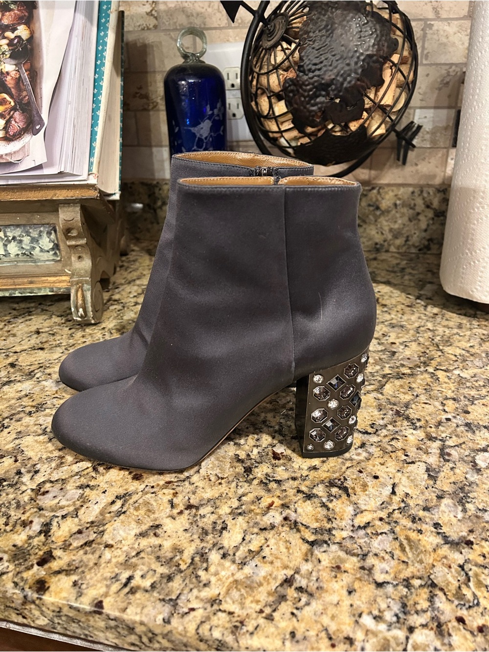 Aquazzura Firenze Satin Jewel Heeled Booties Sz 37.5 Graphite